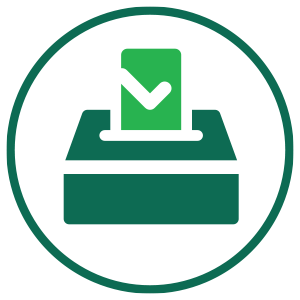 Election Icon: Simple representation of a marked ballot entering a ballot box.